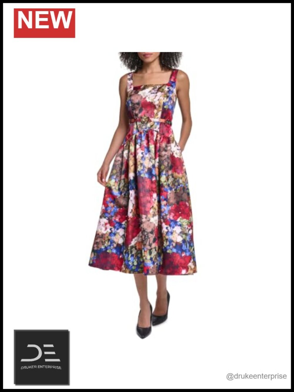Sleeveless Sweetheart Neck Floral Midi Dress Fit & Flare Zipper